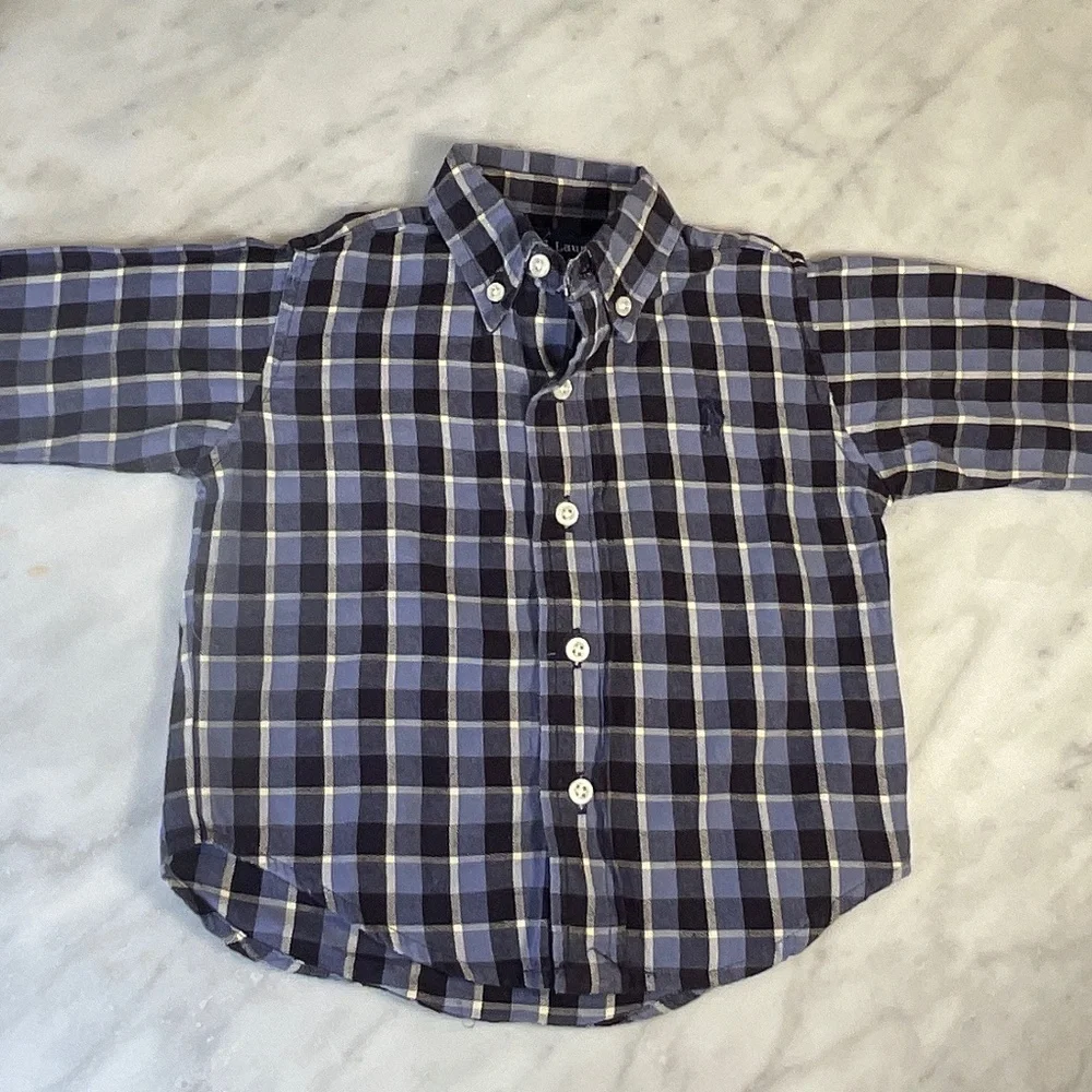 Ralph Lauren Blue Plaid Button down Shirt Size small 3-6 months